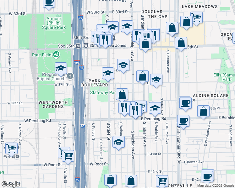 map of restaurants, bars, coffee shops, grocery stores, and more near 3748 South Wabash Avenue in Chicago