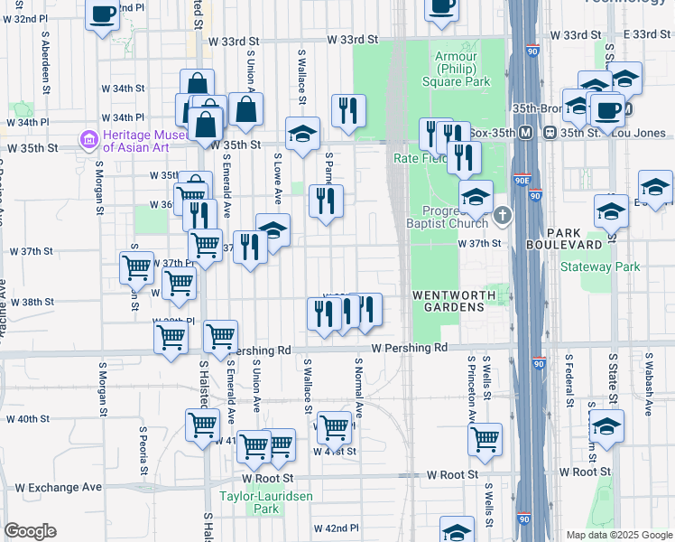 map of restaurants, bars, coffee shops, grocery stores, and more near 3738 South Normal Avenue in Chicago