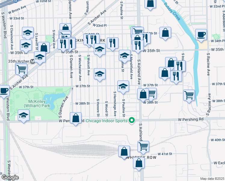 map of restaurants, bars, coffee shops, grocery stores, and more near 3725 South Hermitage Avenue in Chicago