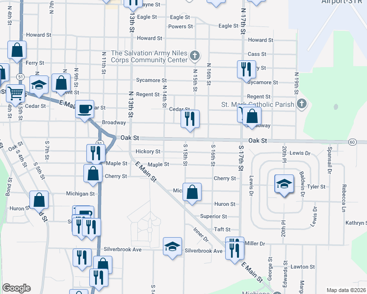 map of restaurants, bars, coffee shops, grocery stores, and more near 116 South 15th Street in Niles