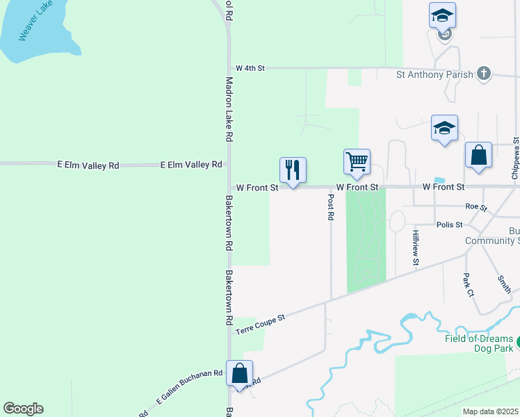 map of restaurants, bars, coffee shops, grocery stores, and more near 2960 West Front Street in Buchanan