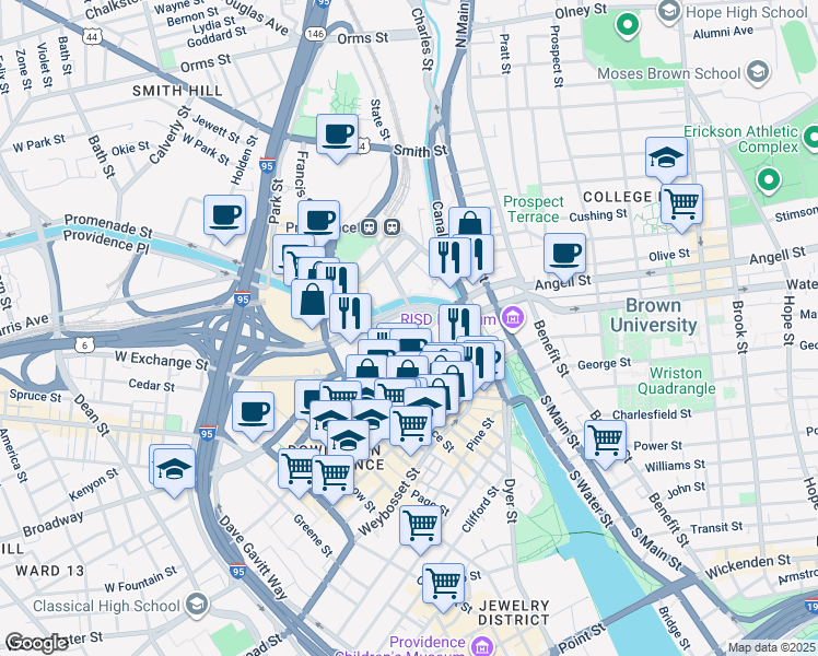 map of restaurants, bars, coffee shops, grocery stores, and more near 56 Exchange Street in Providence