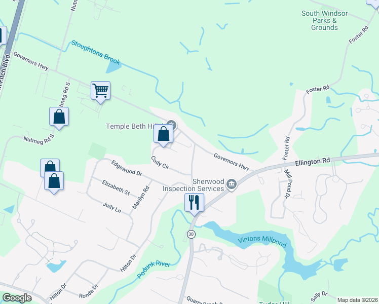 map of restaurants, bars, coffee shops, grocery stores, and more near 140 Cody Circle in South Windsor