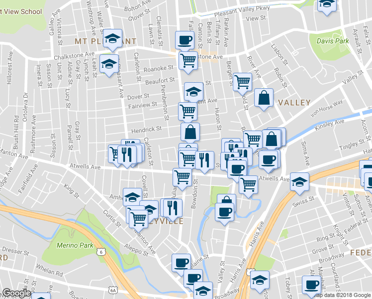 map of restaurants, bars, coffee shops, grocery stores, and more near 60 Academy Avenue in Providence
