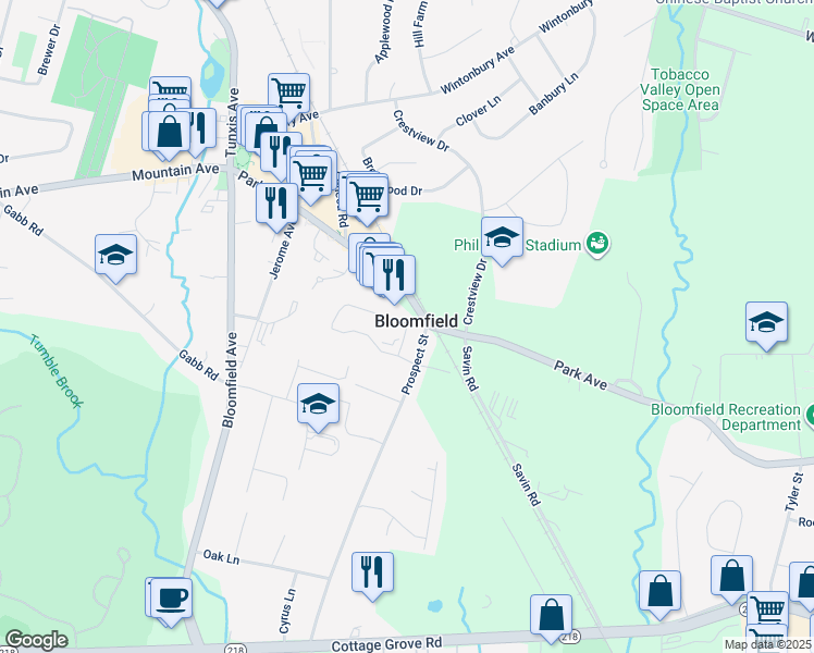 map of restaurants, bars, coffee shops, grocery stores, and more near 79 Scott Drive in Bloomfield