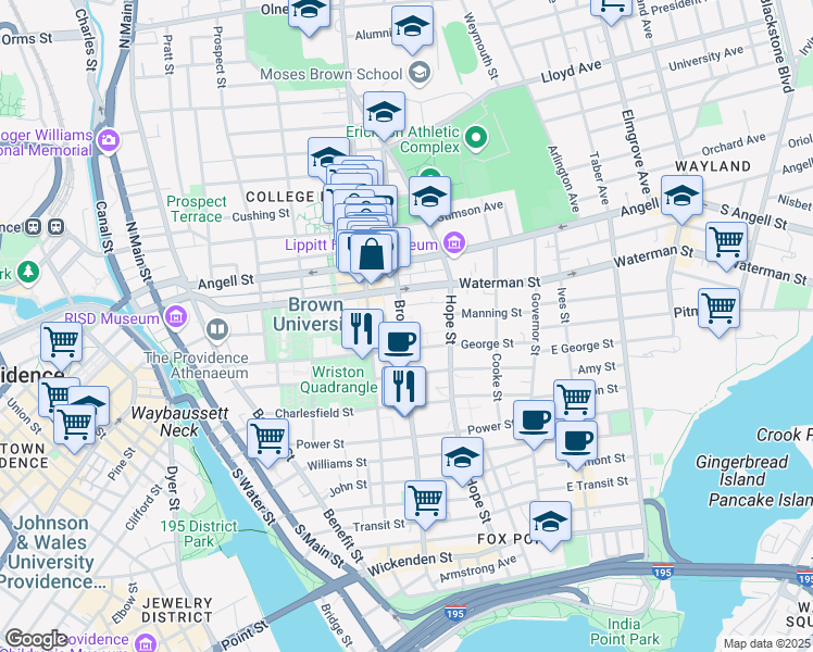 map of restaurants, bars, coffee shops, grocery stores, and more near 345 Brook Street in Providence