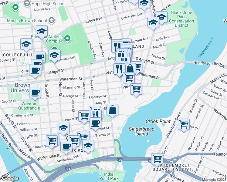 map of restaurants, bars, coffee shops, grocery stores, and more near 77 Pitman Street in Providence