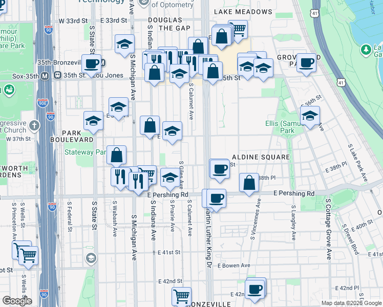 map of restaurants, bars, coffee shops, grocery stores, and more near 324 East 38th Street in Chicago