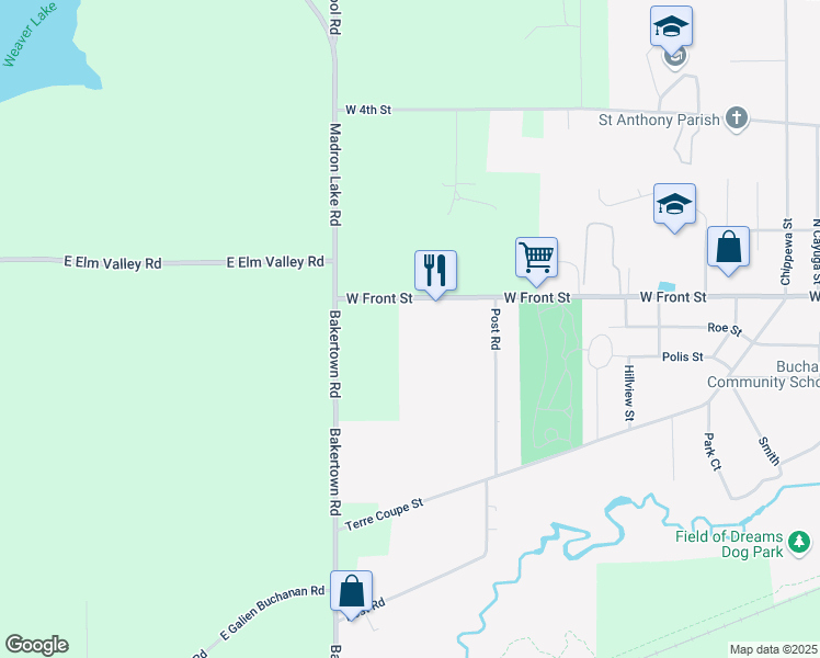 map of restaurants, bars, coffee shops, grocery stores, and more near 2960 West Front Street in Buchanan
