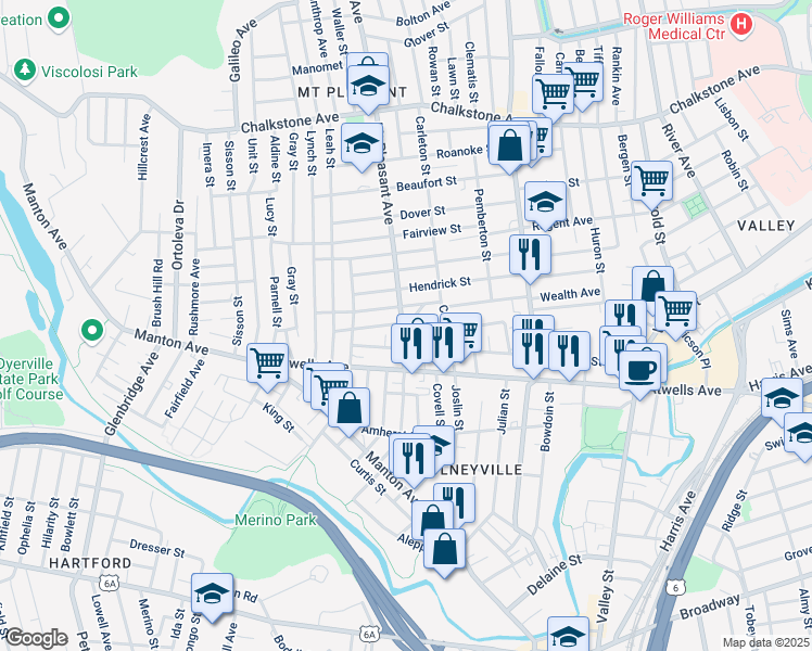 map of restaurants, bars, coffee shops, grocery stores, and more near 30 Mongenais Street in Providence