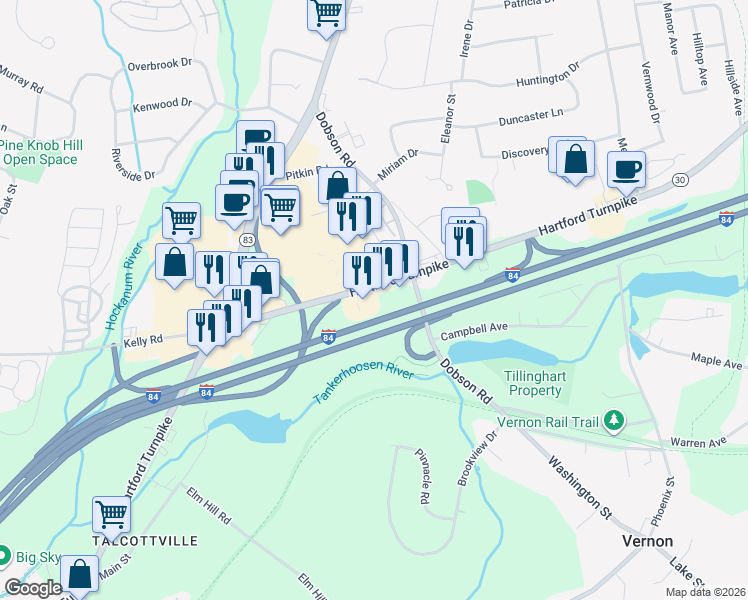 map of restaurants, bars, coffee shops, grocery stores, and more near Interstate 84 in Vernon