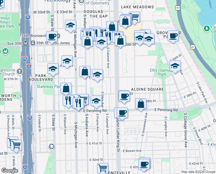 map of restaurants, bars, coffee shops, grocery stores, and more near 324 East 38th Street in Chicago