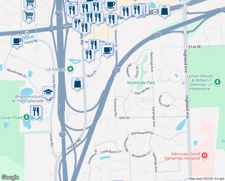 map of restaurants, bars, coffee shops, grocery stores, and more near 3340 Pomeroy Road in Downers Grove