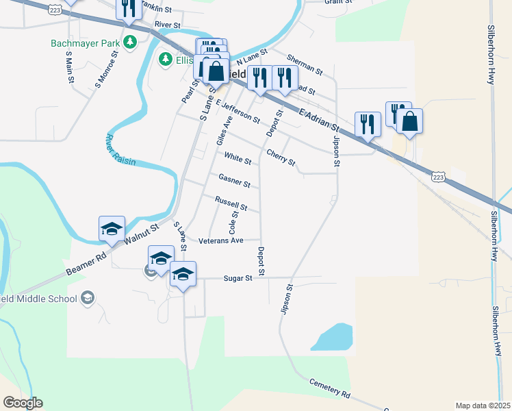 map of restaurants, bars, coffee shops, grocery stores, and more near 234 Russell Street in Blissfield