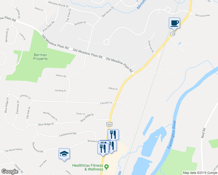 map of restaurants, bars, coffee shops, grocery stores, and more near 31 Hilltop Drive in Simsbury