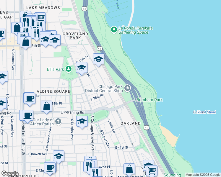 map of restaurants, bars, coffee shops, grocery stores, and more near 3829 South Lake Park Avenue in Chicago