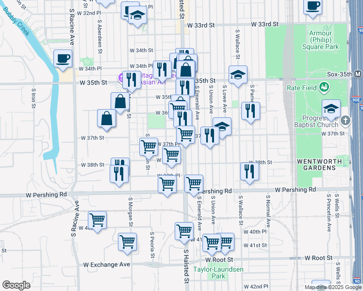 map of restaurants, bars, coffee shops, grocery stores, and more near 3740 South Halsted Street in Chicago