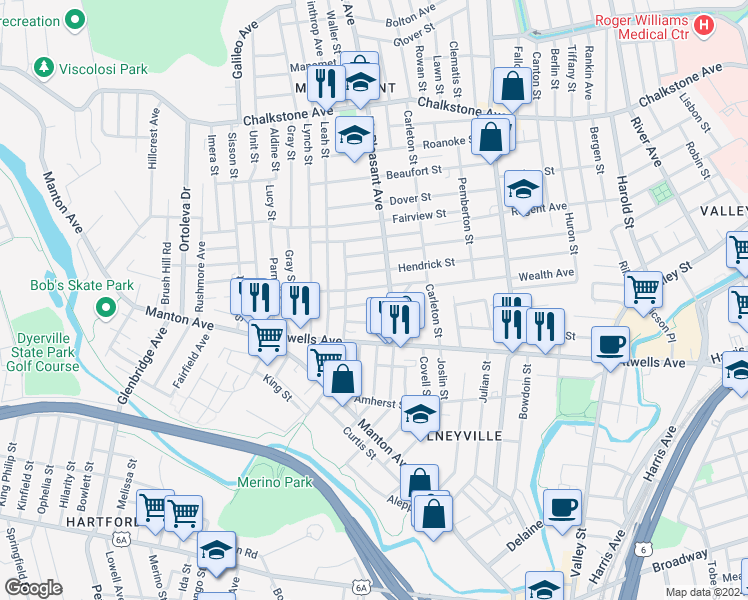 map of restaurants, bars, coffee shops, grocery stores, and more near 21 Montrose Street in Providence