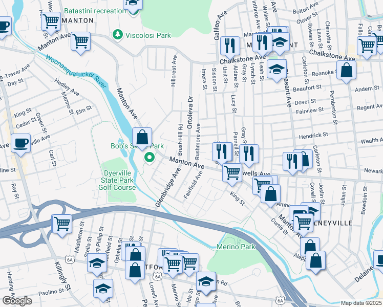 map of restaurants, bars, coffee shops, grocery stores, and more near 10 Rushmore Avenue in Providence