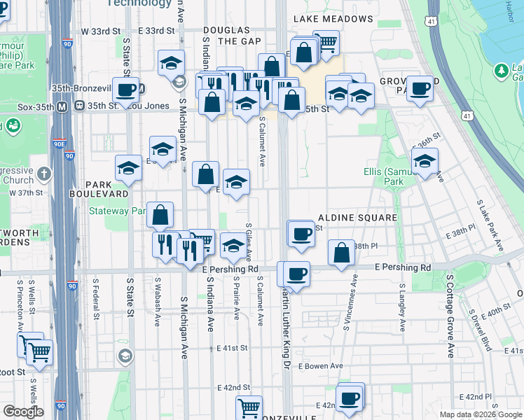 map of restaurants, bars, coffee shops, grocery stores, and more near 324 East 38th Street in Chicago