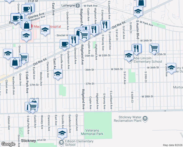 map of restaurants, bars, coffee shops, grocery stores, and more near 3627 Cuyler Avenue in Berwyn