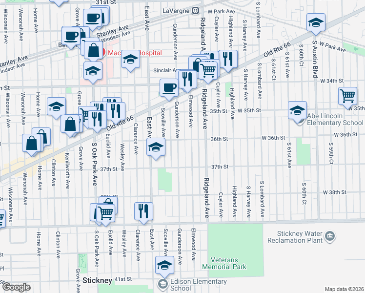map of restaurants, bars, coffee shops, grocery stores, and more near 3626 Elmwood Avenue in Berwyn
