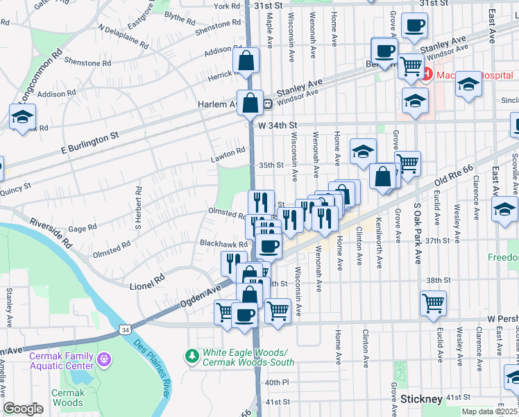 map of restaurants, bars, coffee shops, grocery stores, and more near 3615 South Harlem Avenue in Berwyn