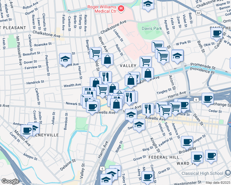 map of restaurants, bars, coffee shops, grocery stores, and more near 47 Eagle Street in Providence