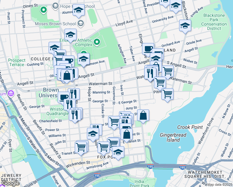 map of restaurants, bars, coffee shops, grocery stores, and more near 165 Governor Street in Providence