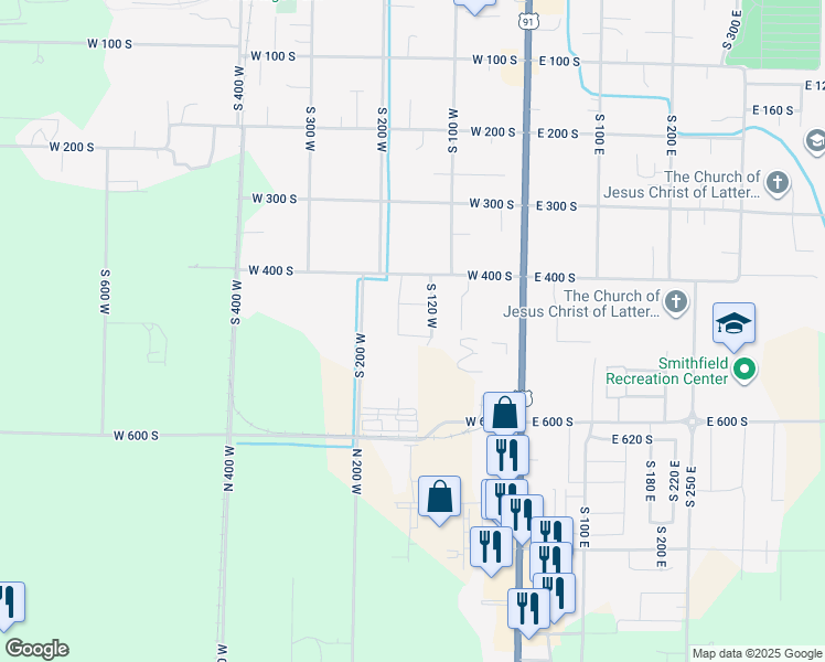 map of restaurants, bars, coffee shops, grocery stores, and more near 120 West 400 South in Smithfield