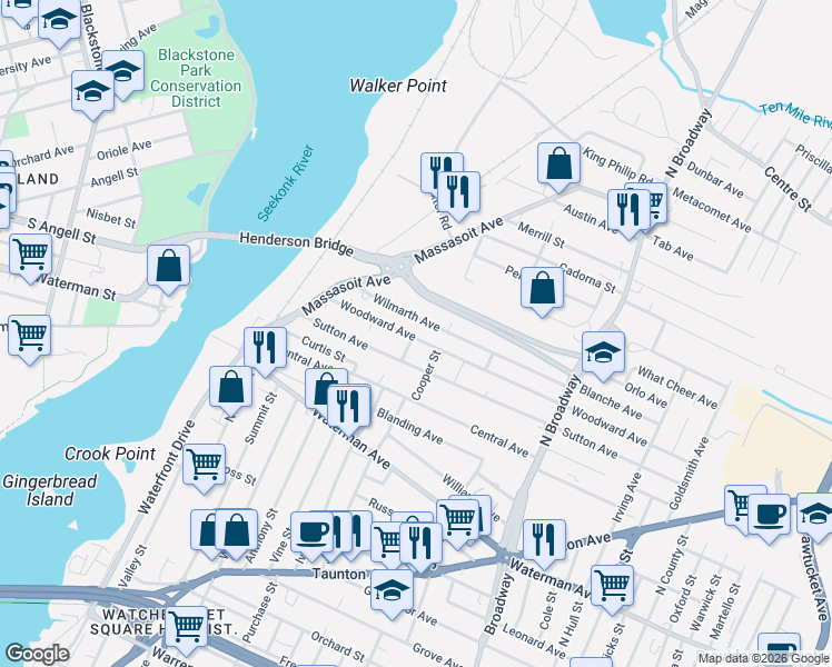 map of restaurants, bars, coffee shops, grocery stores, and more near 95 Woodward Avenue in East Providence