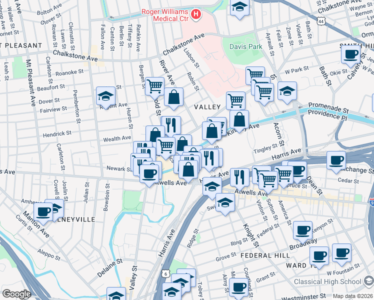 map of restaurants, bars, coffee shops, grocery stores, and more near 47 Eagle Street in Providence