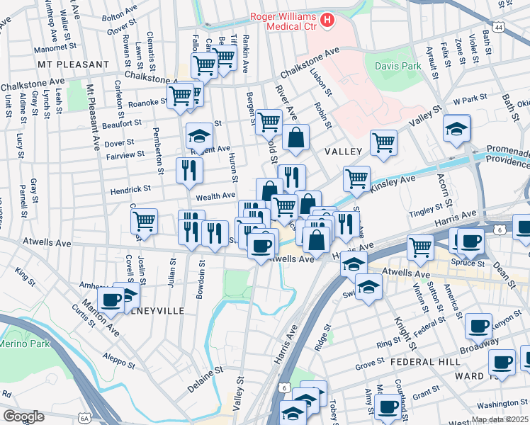 map of restaurants, bars, coffee shops, grocery stores, and more near 316 Valley Street in Providence