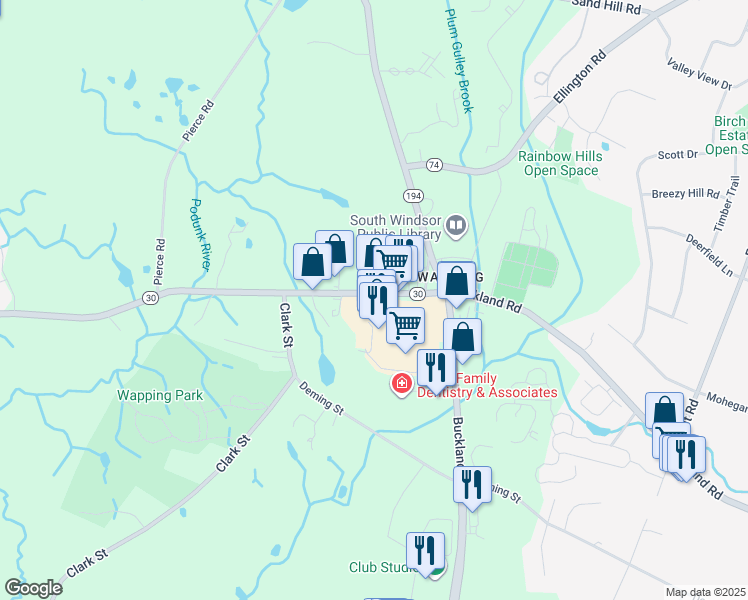 map of restaurants, bars, coffee shops, grocery stores, and more near 1695 Ellington Road in South Windsor