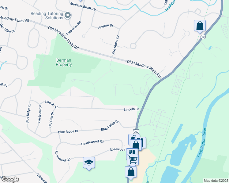 map of restaurants, bars, coffee shops, grocery stores, and more near 112 Hilltop Drive in Simsbury