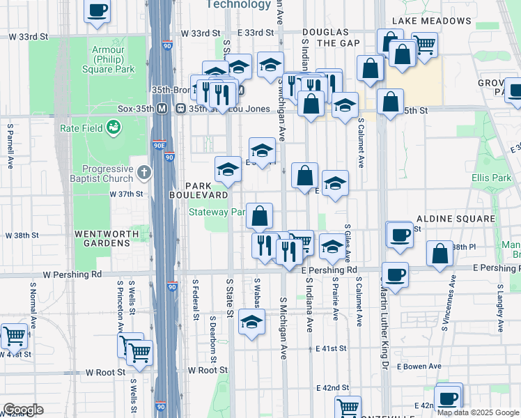 map of restaurants, bars, coffee shops, grocery stores, and more near 3751 South Wabash Avenue in Chicago