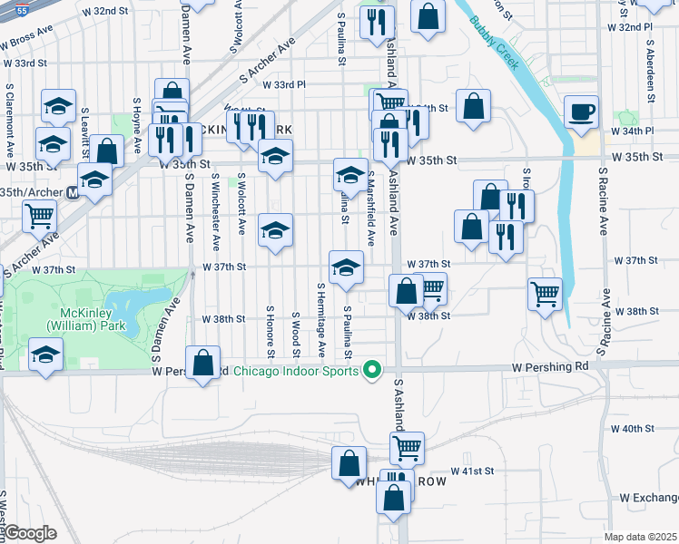 map of restaurants, bars, coffee shops, grocery stores, and more near 3725 South Paulina Street in Chicago