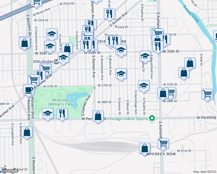 map of restaurants, bars, coffee shops, grocery stores, and more near 3727 South Winchester Avenue in Chicago