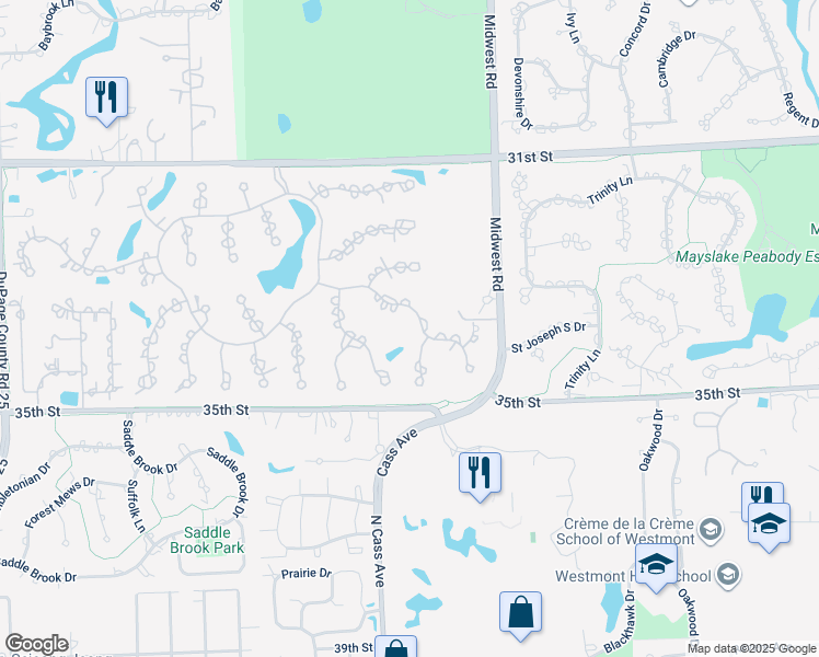 map of restaurants, bars, coffee shops, grocery stores, and more near 1720 Midwest Club Parkway Court 17 in Oak Brook