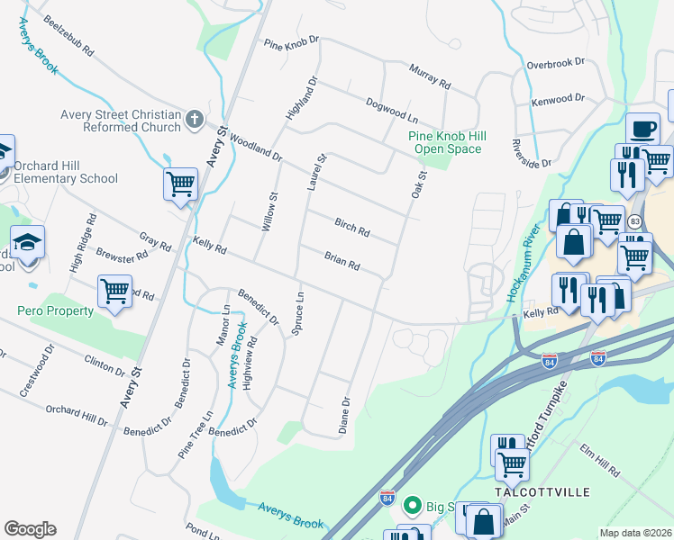 map of restaurants, bars, coffee shops, grocery stores, and more near 170 Kelly Road in South Windsor
