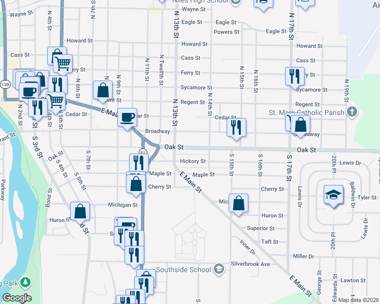 map of restaurants, bars, coffee shops, grocery stores, and more near 1342 Hickory Street in Niles