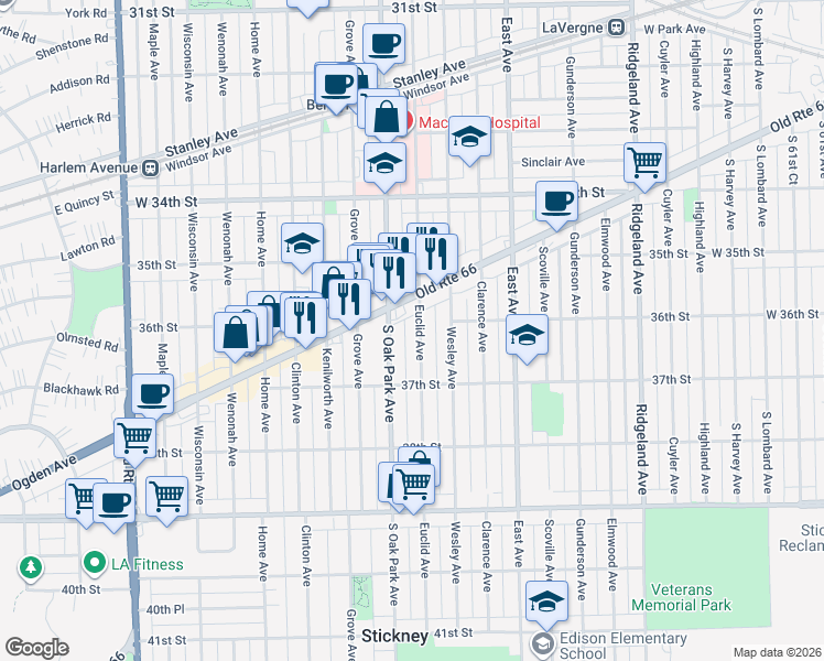 map of restaurants, bars, coffee shops, grocery stores, and more near 3627 Oak Park Avenue in Berwyn