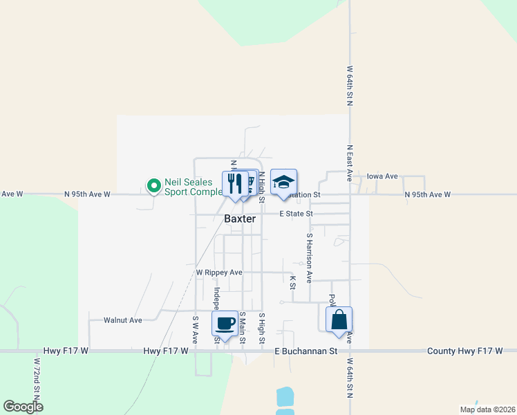 map of restaurants, bars, coffee shops, grocery stores, and more near 201 West State Street in Baxter