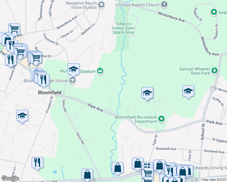 map of restaurants, bars, coffee shops, grocery stores, and more near 14 Revere Drive in Bloomfield