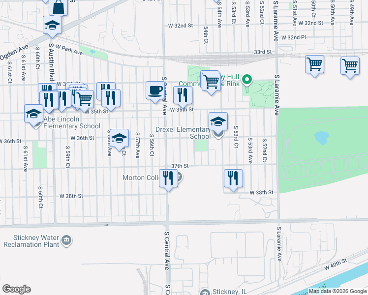 map of restaurants, bars, coffee shops, grocery stores, and more near 3636 South 55th Court in Cicero