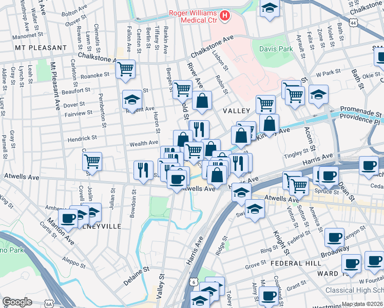 map of restaurants, bars, coffee shops, grocery stores, and more near 325 Valley Street in Providence