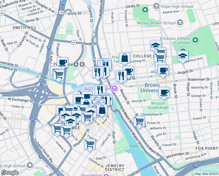 map of restaurants, bars, coffee shops, grocery stores, and more near 40 North Main Street in Providence