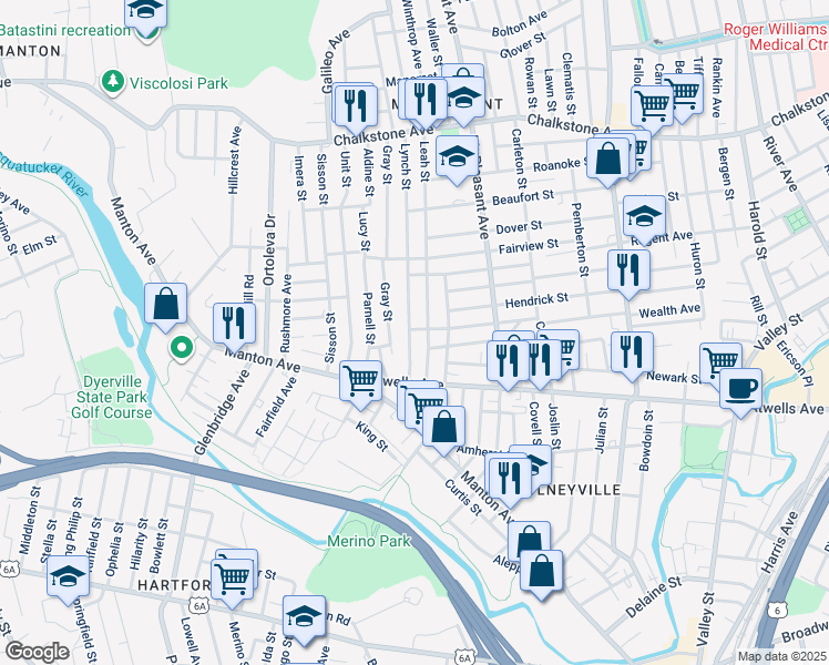 map of restaurants, bars, coffee shops, grocery stores, and more near 18 Lynch Street in Providence