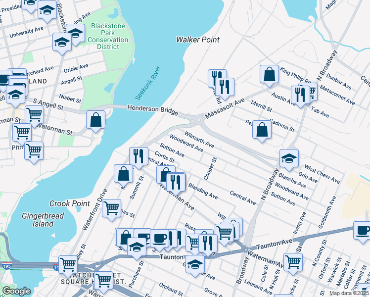 map of restaurants, bars, coffee shops, grocery stores, and more near 89 Sutton Avenue in East Providence