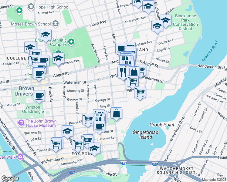 map of restaurants, bars, coffee shops, grocery stores, and more near 74 East George Street in Providence